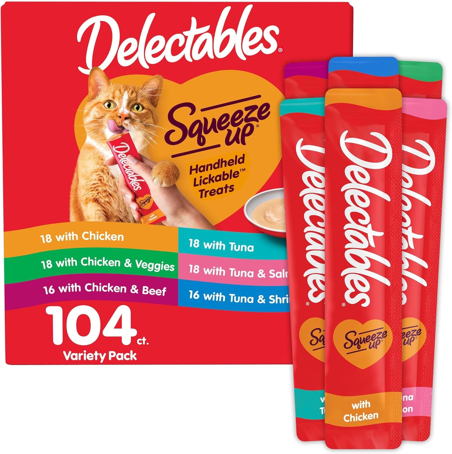 Delectables Squeeze up Variety Pack, Creamy Squeezable Puree, Lickable Wet Cat Treats, Grain Free, No Added Fillers, No By-Products, No Added Preservatives, 0.5 Ounces Tube, 104 Tubes Total