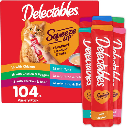 Delectables Squeeze up Variety Pack, Creamy Squeezable Puree, Lickable Wet Cat Treats, Grain Free, No Added Fillers, No By-Products, No Added Preservatives, 0.5 Ounces Tube, 104 Tubes Total
