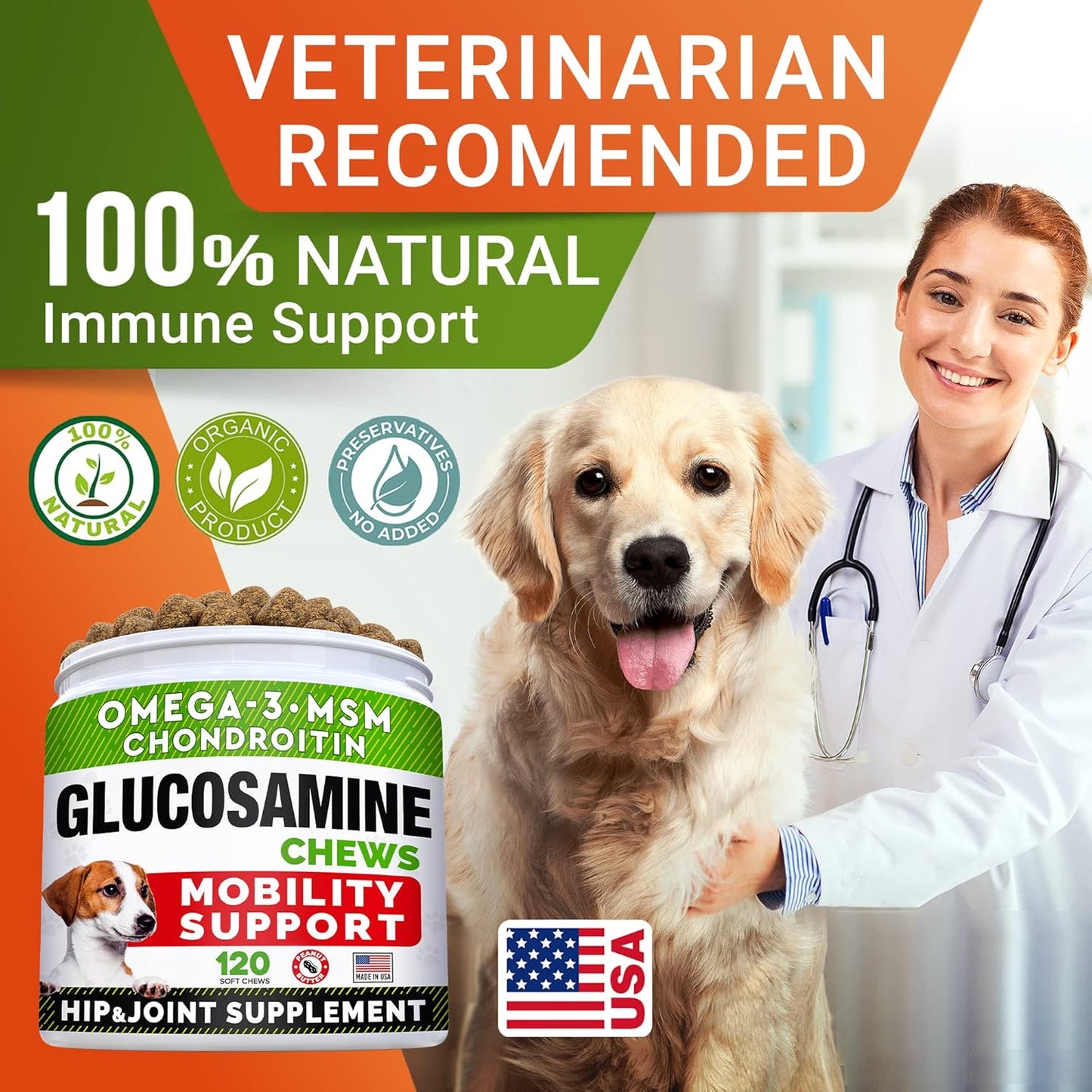Glucosamine Treats for Dogs - Joint Supplement W/Omega-3 Fish Oil - Chondroitin, MSM - Advanced Mobility Chews - Joint Pain Relief - Hip & Joint Care - Peanut Butter Flavor - 120 Ct