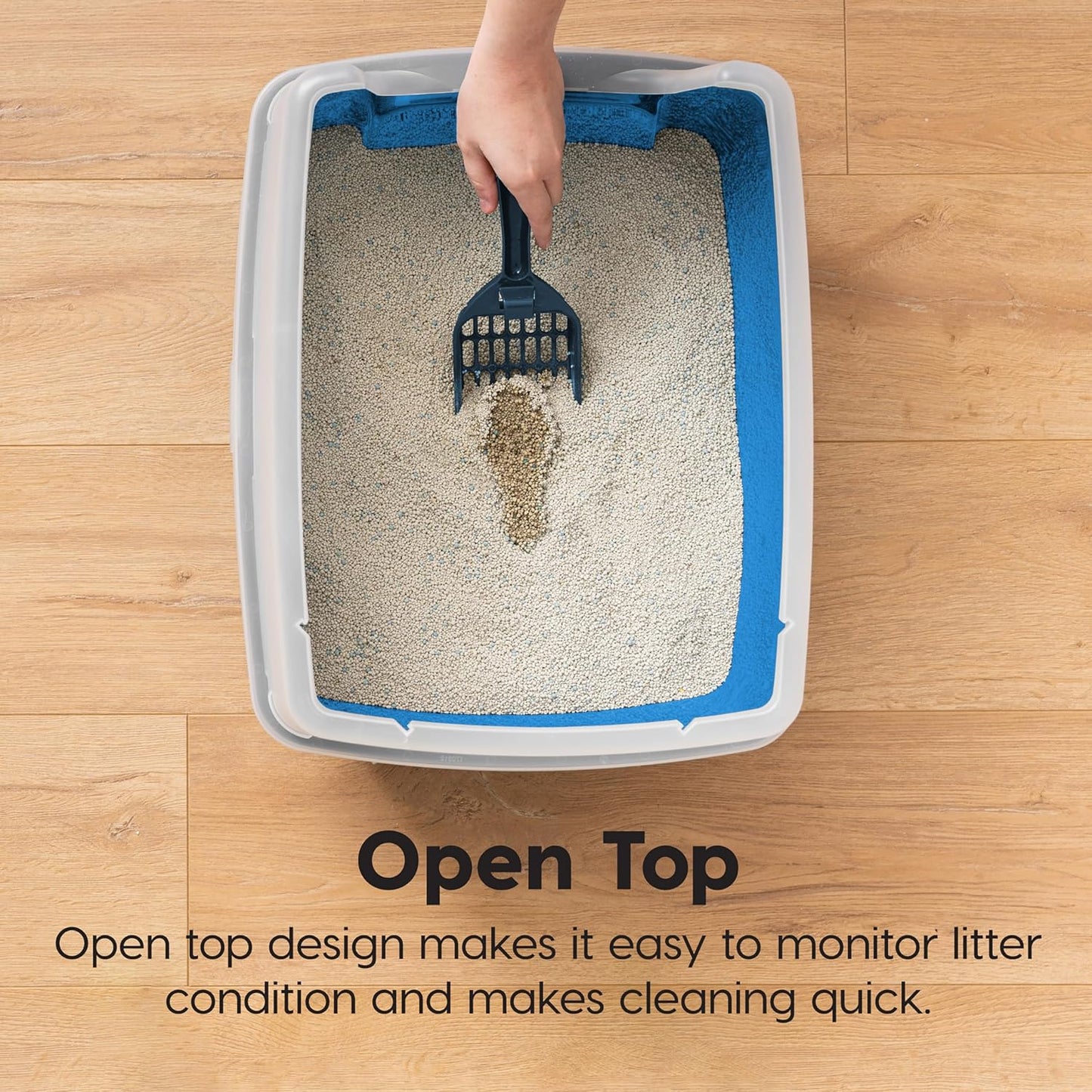 USA Large Cat Litter Box with Scatter Shield and Scoop, Open Top High Sided Cat Litter Pan, Blue