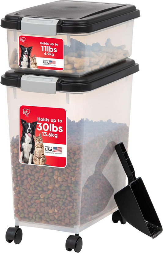 3-Piece 41 Lbs / 45 Qt Weatherpro Airtight Pet Food Storage Container Combo with Scoop and Treat Box for Dog Cat and Bird Food, Keep Fresh, Translucent Body, Easy Mobility, Black