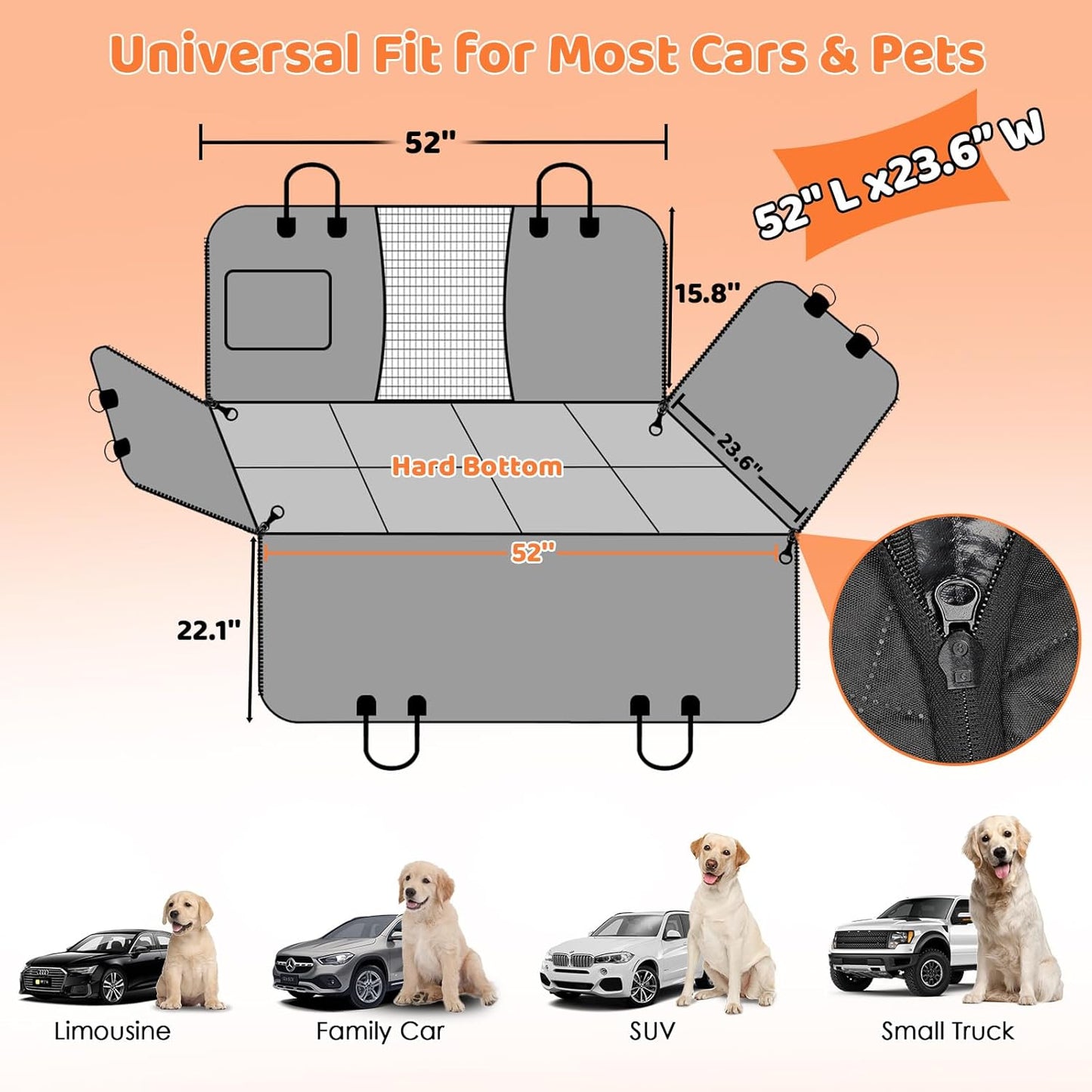 Back Seat Extender for Dogs - Hard Bottom Dog Car Seat Cover with 1PC Leak-Proof Pee Pad, Foldable Dog Hammock for Car, SUV, and Truck, Pet Rear Seat Protector Dogs Travel Bed with Mesh Window