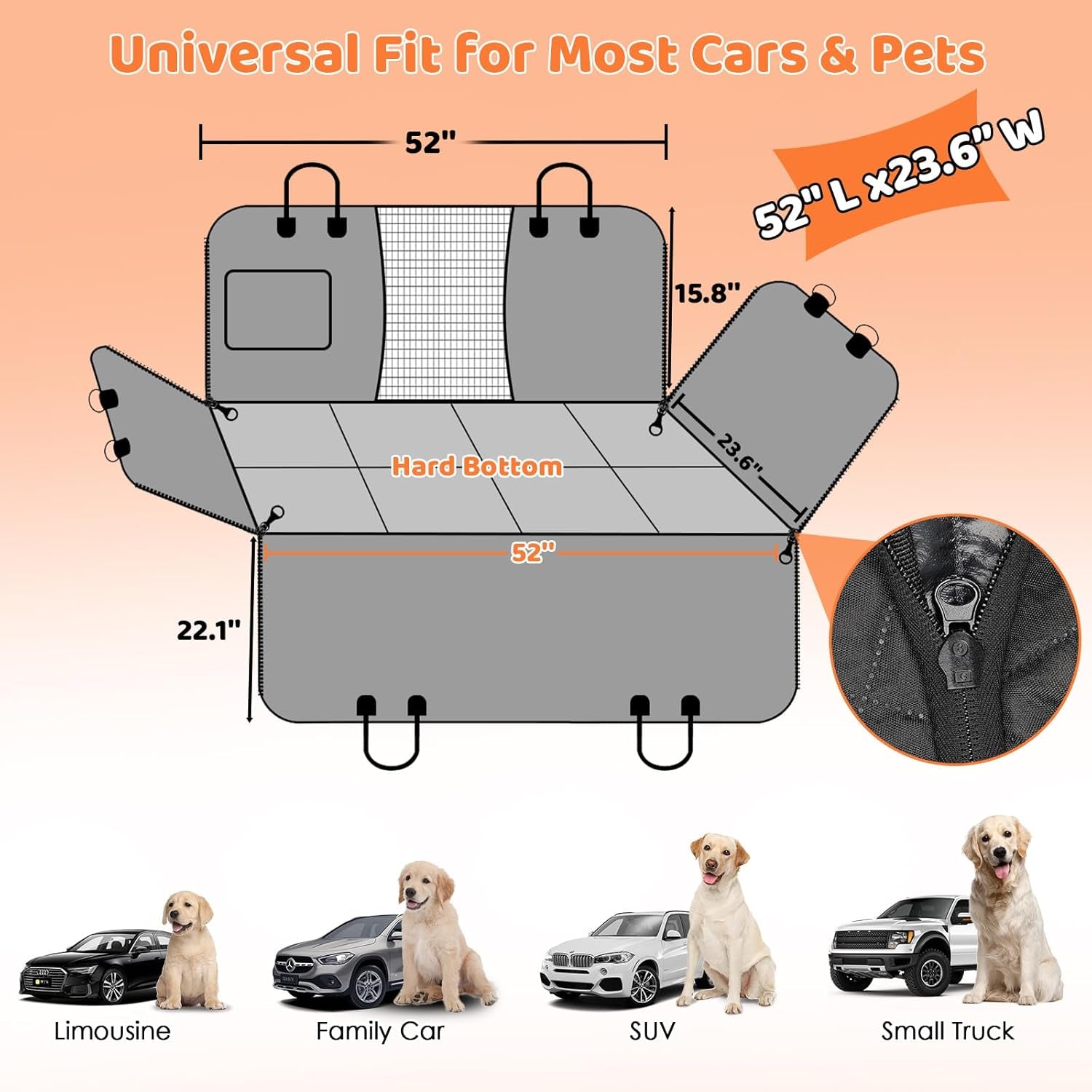 Back Seat Extender for Dogs - Hard Bottom Dog Car Seat Cover with 1PC Leak-Proof Pee Pad, Foldable Dog Hammock for Car, SUV, and Truck, Pet Rear Seat Protector Dogs Travel Bed with Mesh Window