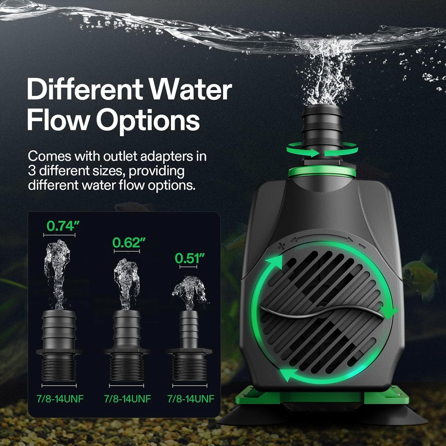 800GPH Submersible Pump(3000L/H, 24W), Ultra Quiet Water Fountain Pump with 10Ft. High Lift with 6.5Ft. Power Cord, 3 Nozzles for Fish Tank, Pond, Aquarium, Statuary, Hydroponics Green