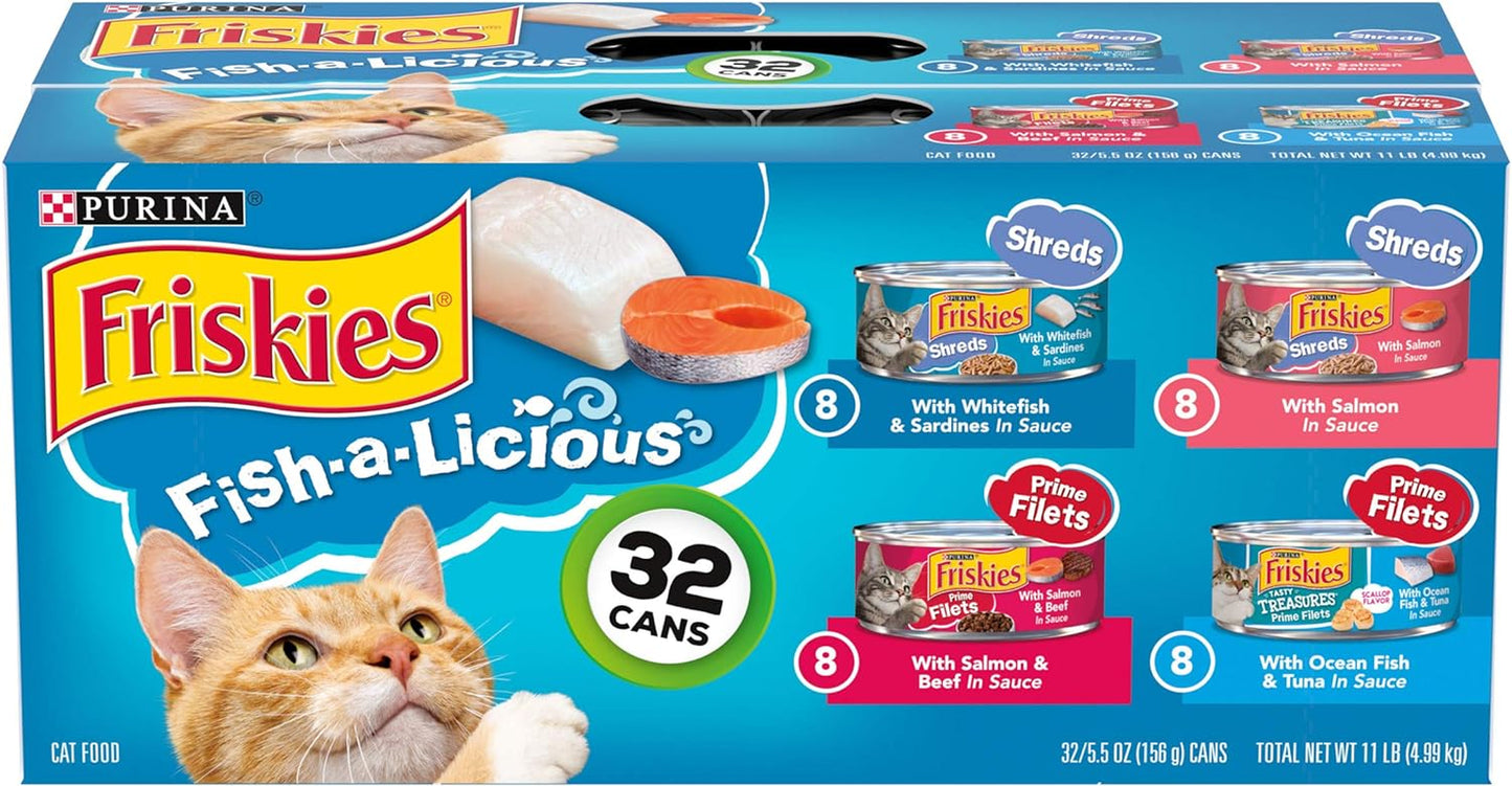Purina Wet Cat Food Variety Pack Fish-A-Licious Extra Gravy, Prime Filets and Tasty Treasures - (Pack of 32) 5.5 Oz. Cans