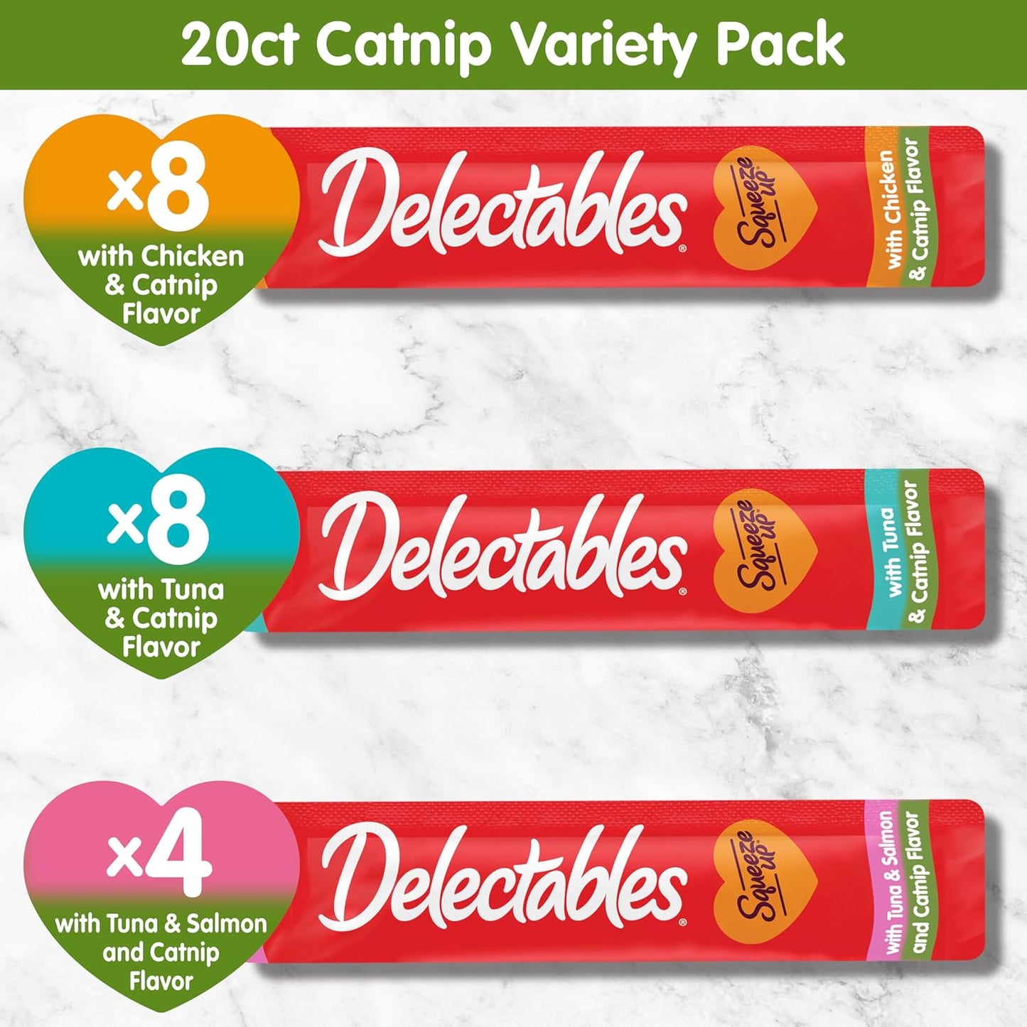 Delectables Squeeze up Catnip Variety Pack, Creamy Squeezable Puree, Lickable Wet Cat Treats, Grain Free, No Added Fillers, No By-Products, No Added Preservatives, 0.5 Ounces Tube, 20 Tubes Total