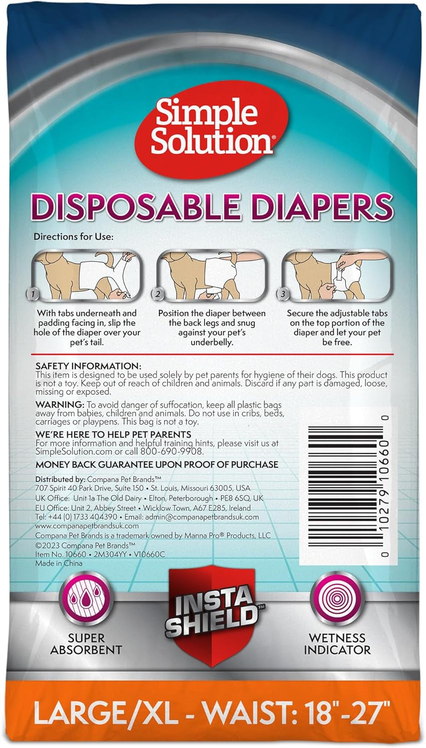 Disposable Dog Diapers, Female Dog Diapers, Puppy Potty Training, Incontinence and Heat Cycle Protection, Large Diapers for Dogs, 18-27 Inch Waist, 30 Count