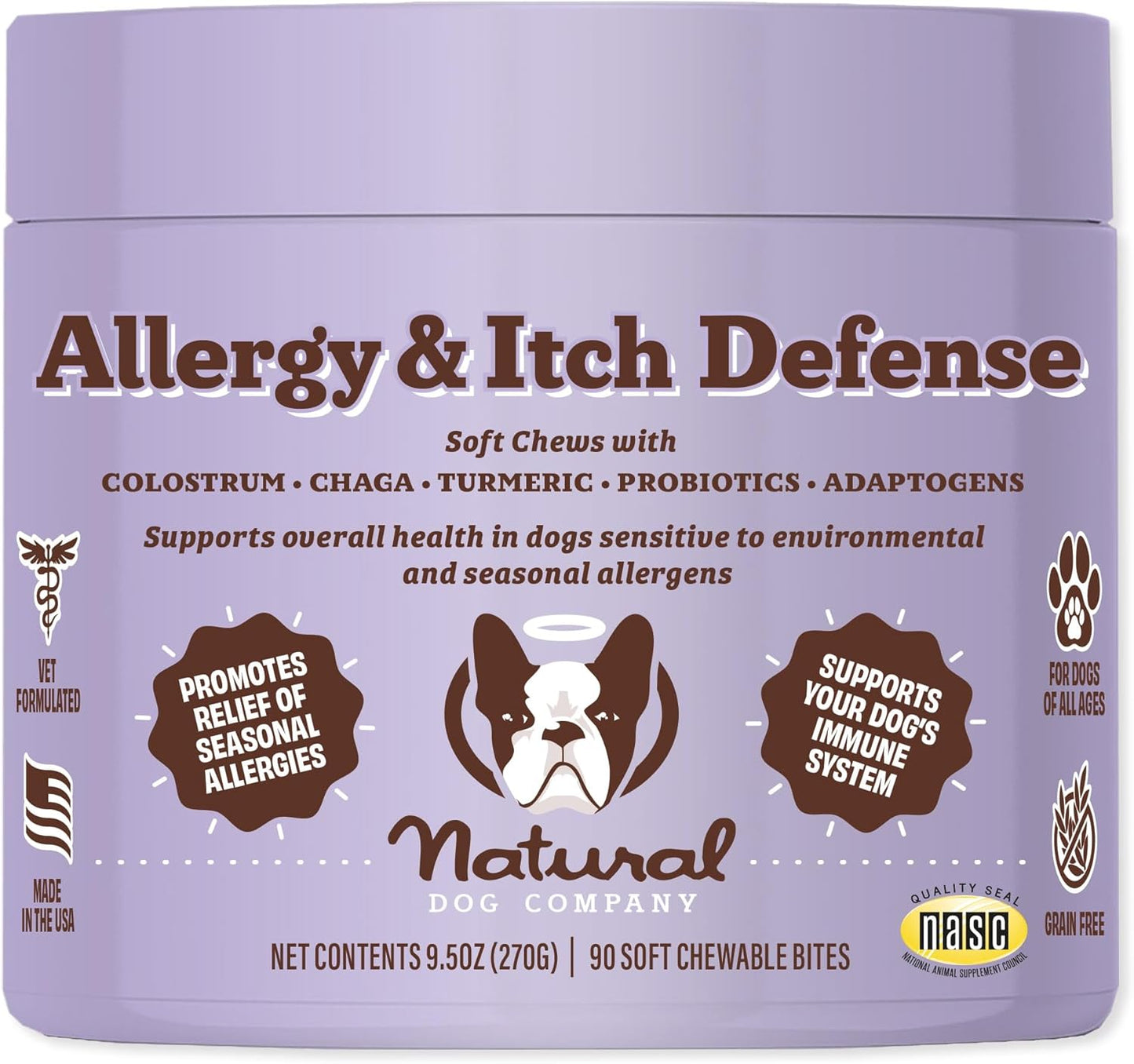 Allergy & Itch Defense Chews – Allergy Support for Dogs, Itch Relief, Skin, Coat & Gut Health with Probiotics, Colostrum & Salmon Oil, Grain-Free Dog Supplement, 90 Ct