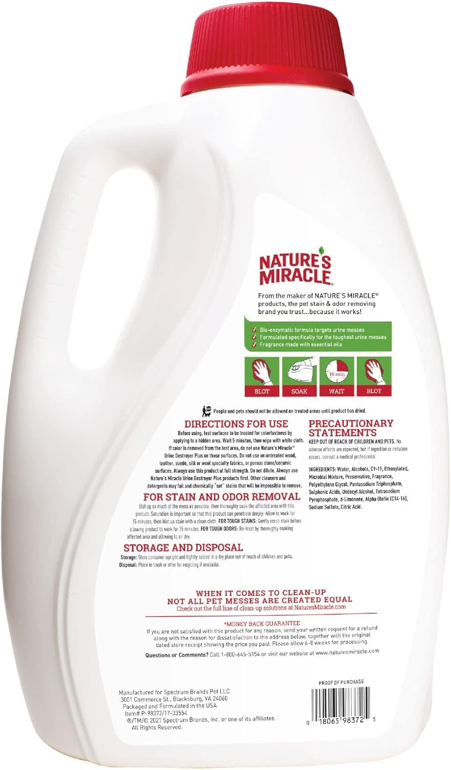 Urine Destroyer plus for Cats, Enzymatic Formula for Severe Cat Urine Stains, 1 Gal