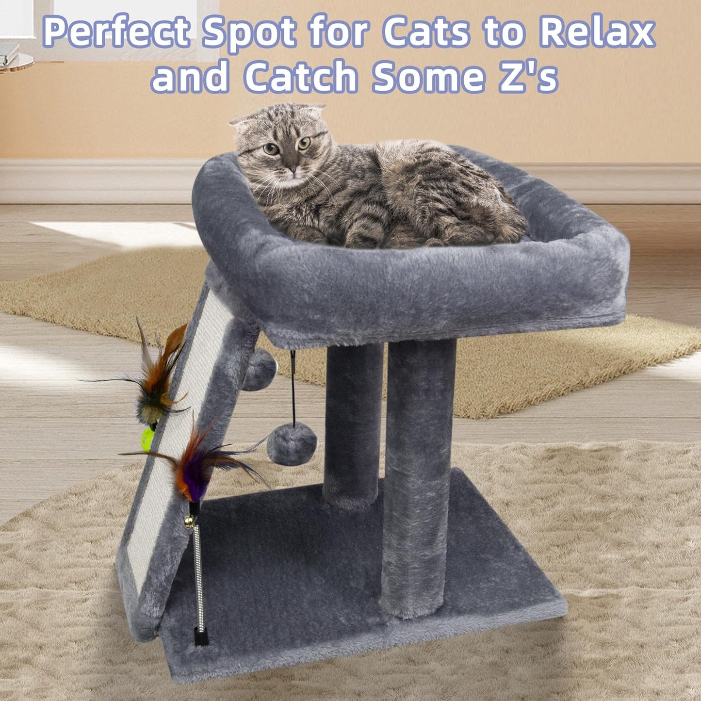 Cat Tree Tower with Cat Scratching Post for Indoor Cats, Activity Centre Climbing Tree with Scratching Board and Playful Toy Balls, Grey