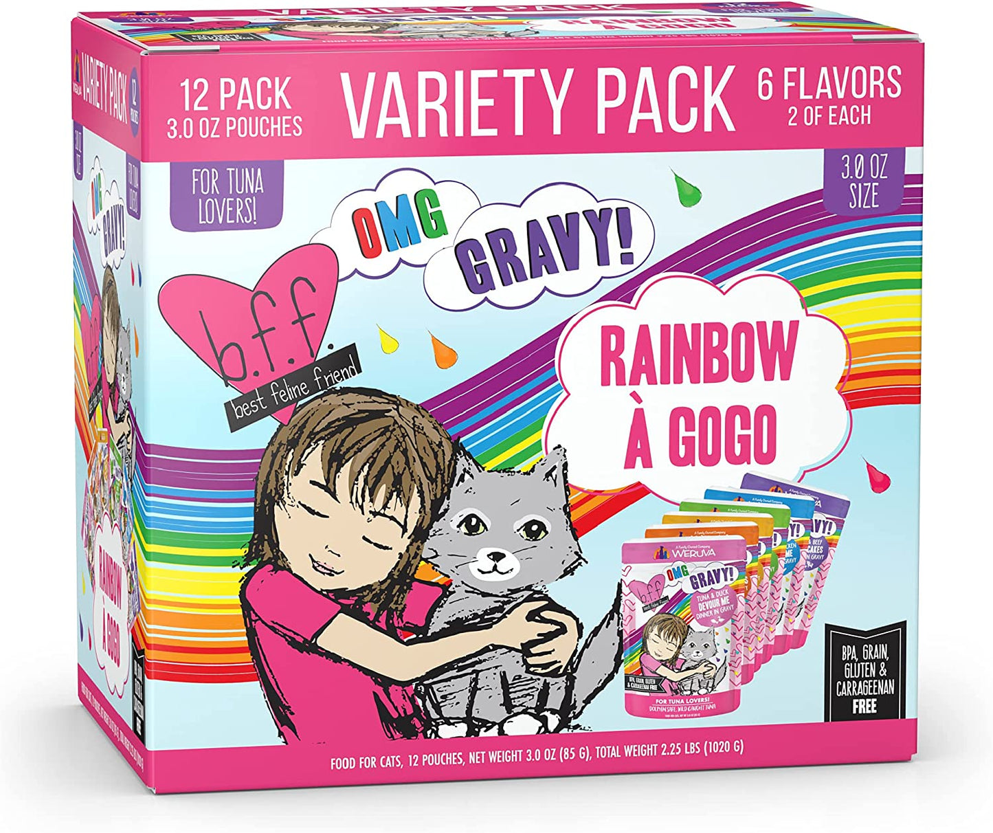 B.F.F. OMG - Best Feline Friend Oh My Gravy!, Rainbow a Gogo Variety Pack! Cat Food, 3Oz Pouch (Pack of 12)