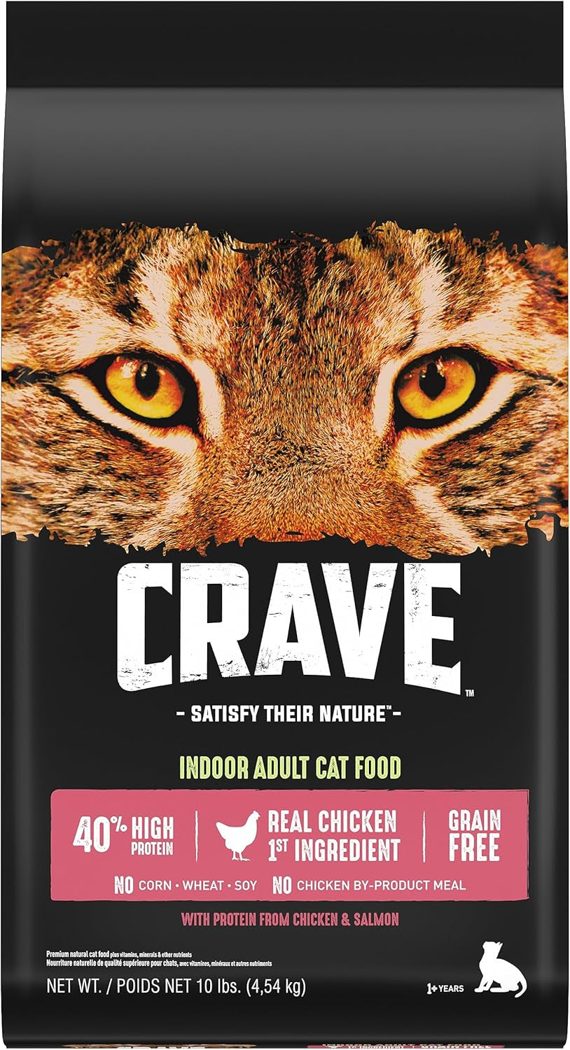 Grain Free Indoor Adult High Protein Natural Dry Cat Food with Protein from Chicken & Salmon, 10 Lb. Bag