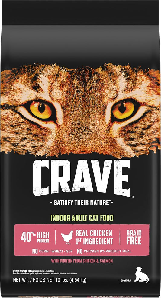 Grain Free Indoor Adult High Protein Natural Dry Cat Food with Protein from Chicken & Salmon, 10 Lb. Bag