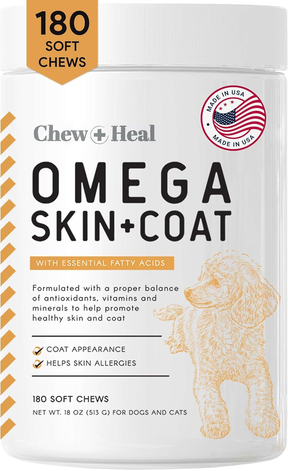 Omega 3 for Dogs - 180 Soft Chew Omega Treats for Skin and Coat - Fish Oil Blend of Essential Fatty Acids, Omega 3 and 6, Vitamins, Antioxidants and Minerals - Made in USA