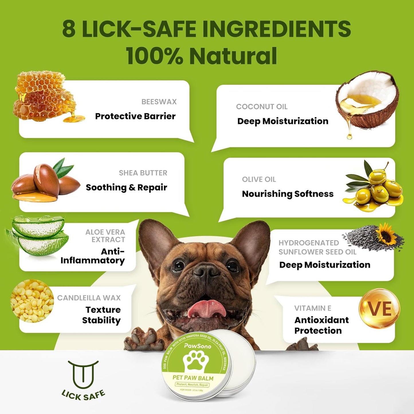 Lick-Safe Dog Paw & Nose Balm with Coconut Oil | All-Natural Moisturizer & Soother for Dry, Cracked Pads & Snout| Cat Wax & Cream, Nose Butter for Frenchies| Horse Hoof Care (60 G /2.1 Oz)