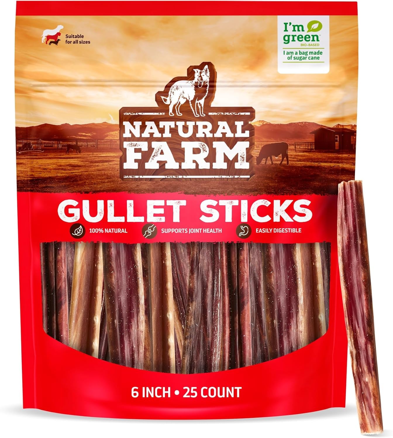 Gullet Sticks (6 Inch, 25 Pack), Grain-Free, Preservative-Free & Fully Digestible Beef Esophagus – Gentle yet Effective Fun - Best for Light, Pups & Senior Chewers