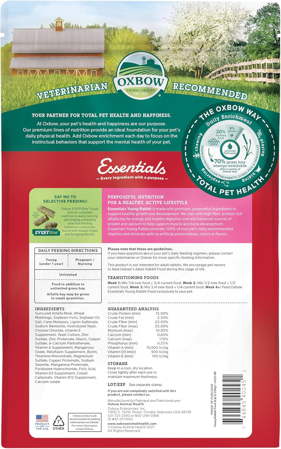 Essentials Rabbit Food, Young Rabbit, Made with Alfalfa Hay, Pet Food Pellets with Vitamins & Minerals, Small Animal Pet Products, Bunny Supplies, Made in USA, High Fiber, 5 Lb. Bag