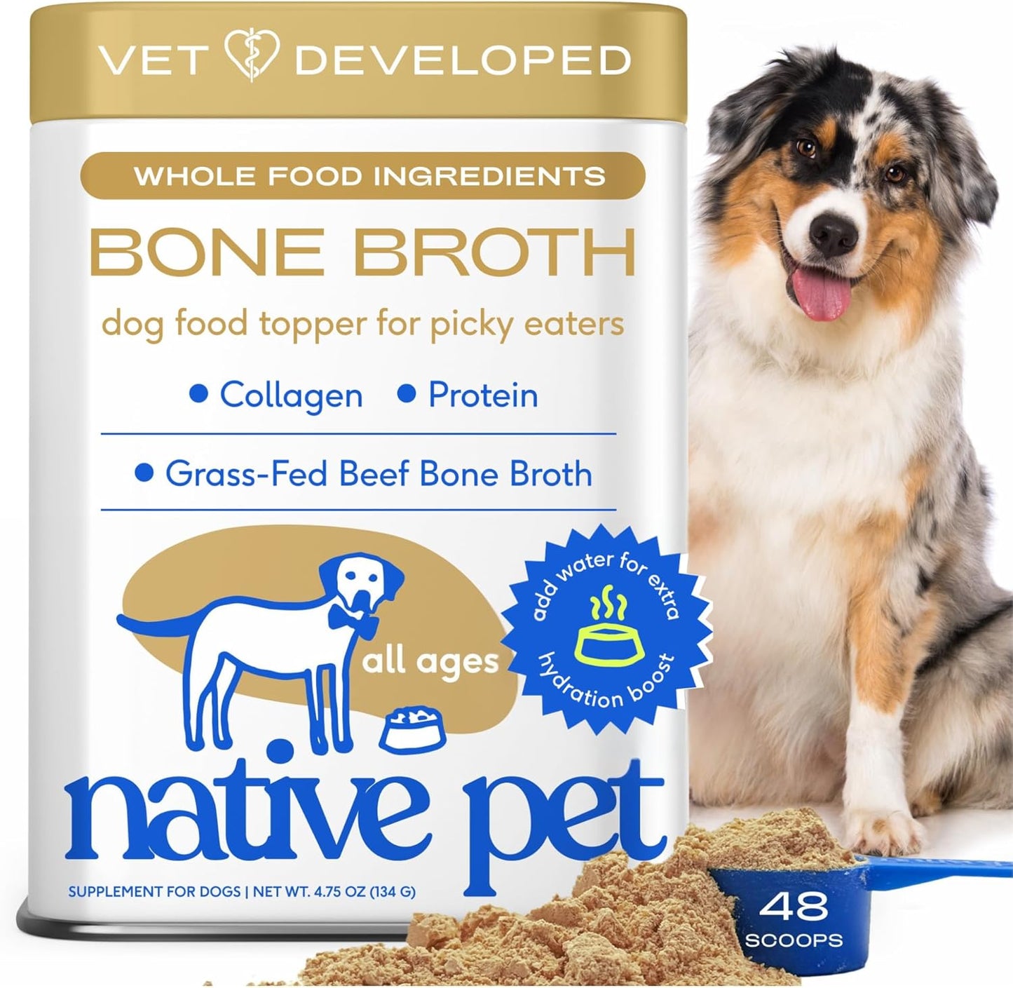 Bone Broth for Dogs - Made with Real Beef Bone Broth, Dog Food Toppers for Picky Eaters - Provides Extra Hydration & Nutrition for Joint Strength, Immunity & Heart Health-48 Scoops