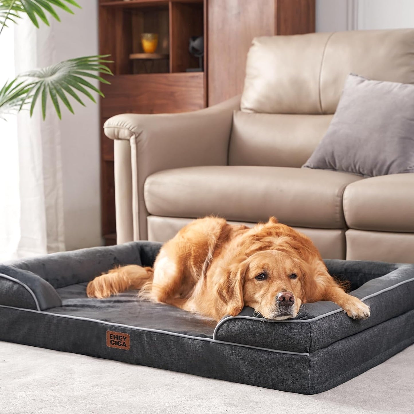 Orthopedic Dog Beds for Extra Large Dogs, Waterproof Memory Foam XL Pet Bed with Sides, Non-Slip Bottom and Egg-Crate Foam Big Dog Couch Bed with Washable Removable Cover, Dark Grey