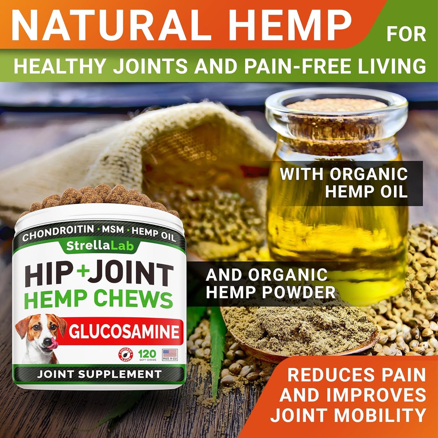 Hemp Chews for Dogs - Hip & Joint Supplement with Glucosamine - Joint Pain Relief Treats - Omega 3, Chondroitin, MSM - Advanced Mobility Support - Chicken Flavor - 120 Ct - Made in USA