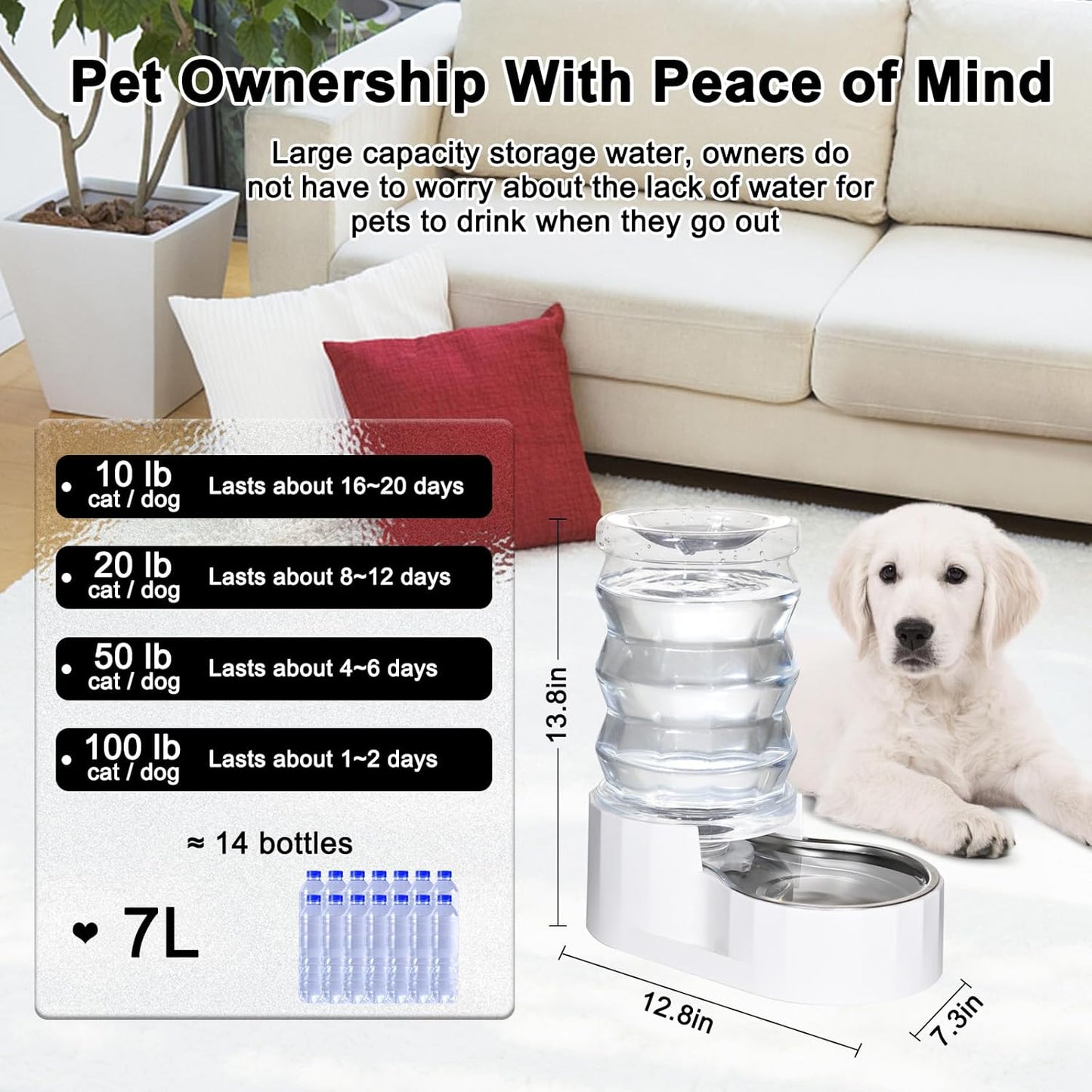 Automatic Gravity Pet Waterer: 7L White Stainless Steel Water Dispenser - Large Capacity Water Feeder for 25-35 LB Senior Dogs with Spinal Issues - for Living Room Bedroom