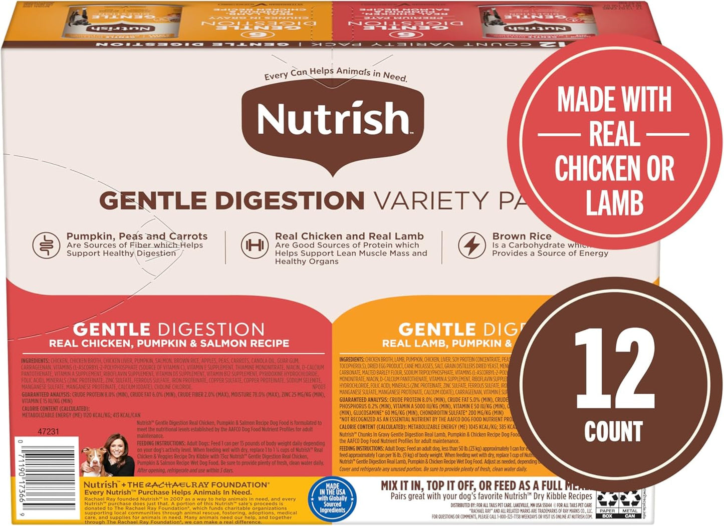 Gentle Digestion Premium Paté and Chunks in Gravy Variety Pack Wet Dog Food, 13 Oz. Can, 12 Count (Rachael Ray)