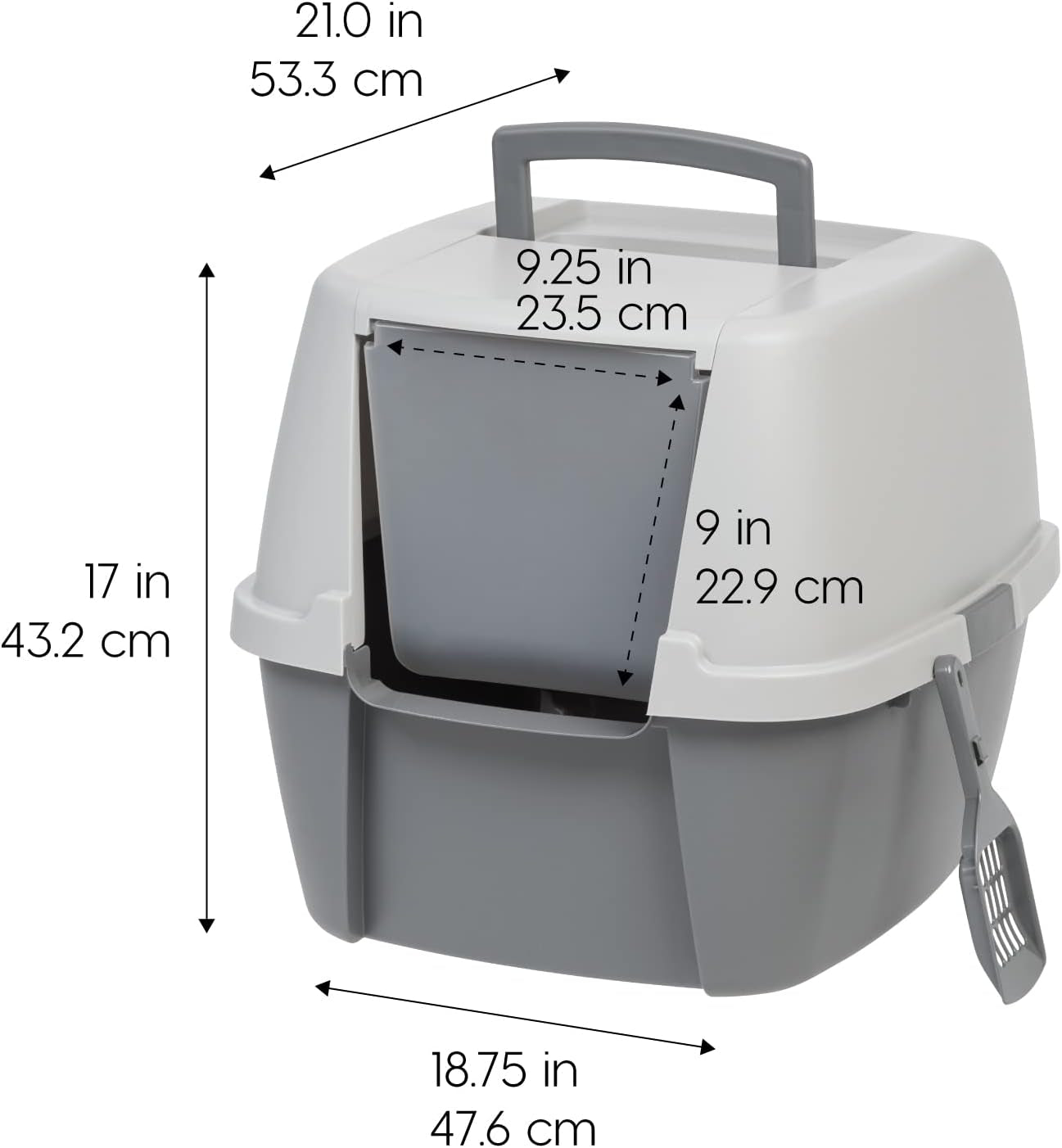 USA Cat Litter Box with Front Door Flap and Scoop, Covered Kitty Box with Handle and Buckles for Portability and Privacy, Dark Gray