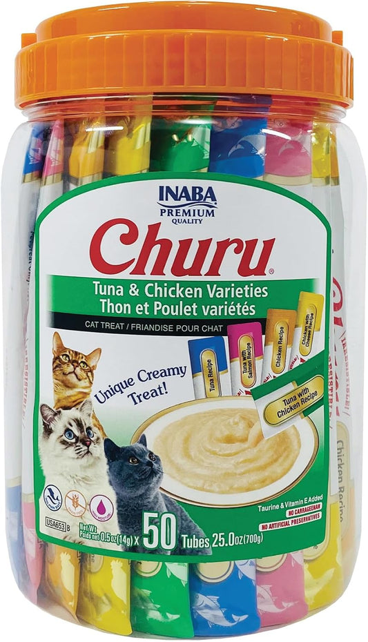 Churu Cat Treats, Grain-Free, Lickable, Squeezable Creamy Purée Cat Treat/Topper with Vitamin E & Taurine, 0.5 Ounces Each Tube, 50 Tubes, Tuna & Chicken Variety