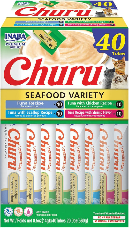 Churu Cat Treats, Grain-Free, Lickable, Squeezable Creamy Purée Cat Treat/Topper with Vitamin E & Taurine, 0.5 Ounces Each, 40 Tubes, Tuna & Seafood Variety Box