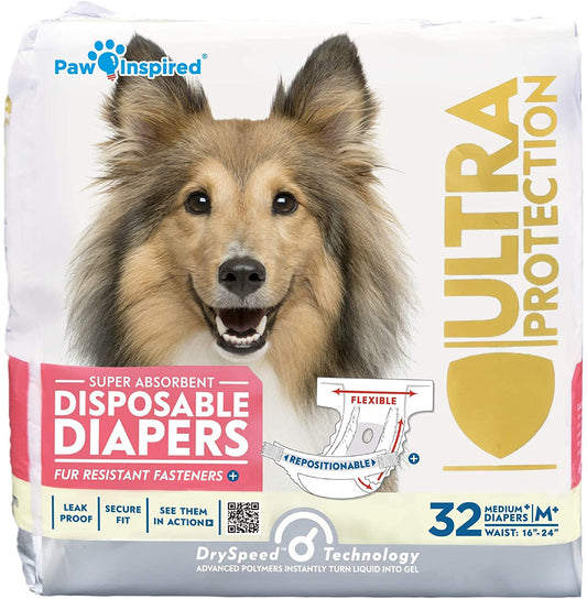 32Ct Disposable Dog Diapers | Female Dog Diapers Ultra Protection | Diapers for Dogs in Heat, Excitable Urination, or Incontinence (Medium Plus)