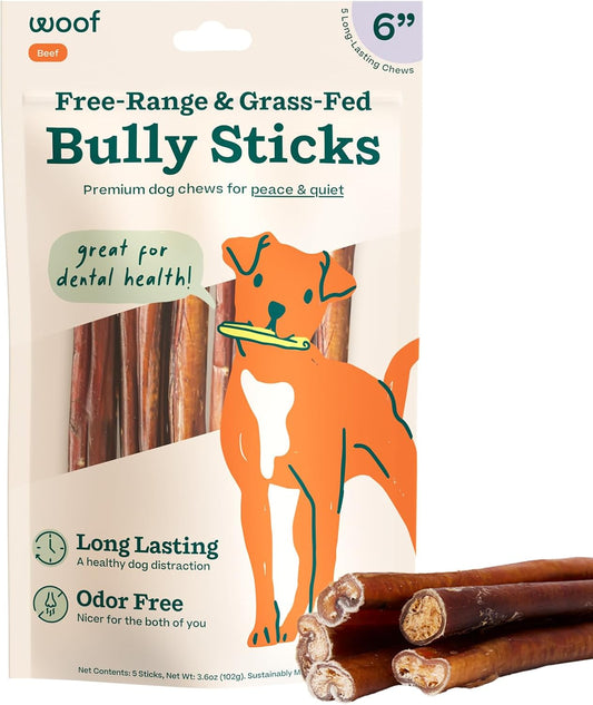 Bully Sticks Dog Treats - Chew Sticks for Dogs - Long-Lasting Dog Chew Treats - Made with Free-Range, Grass-Fed Beef - 6" Sticks - 5Pk