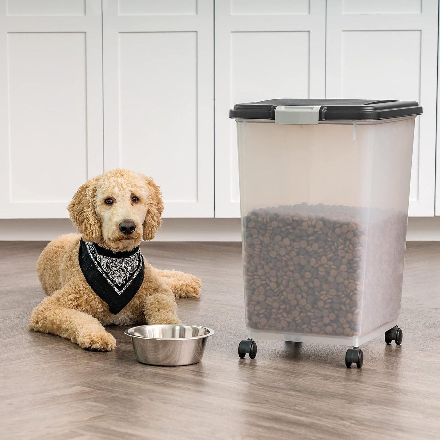 Airtight Dog Food Storage Container, up to 54 Lbs, Attachable Wheels, for Dog Cat Bird and Other Pet Food Storage Bin, Keep Fresh, Translucent Body, Easy Mobility, Black