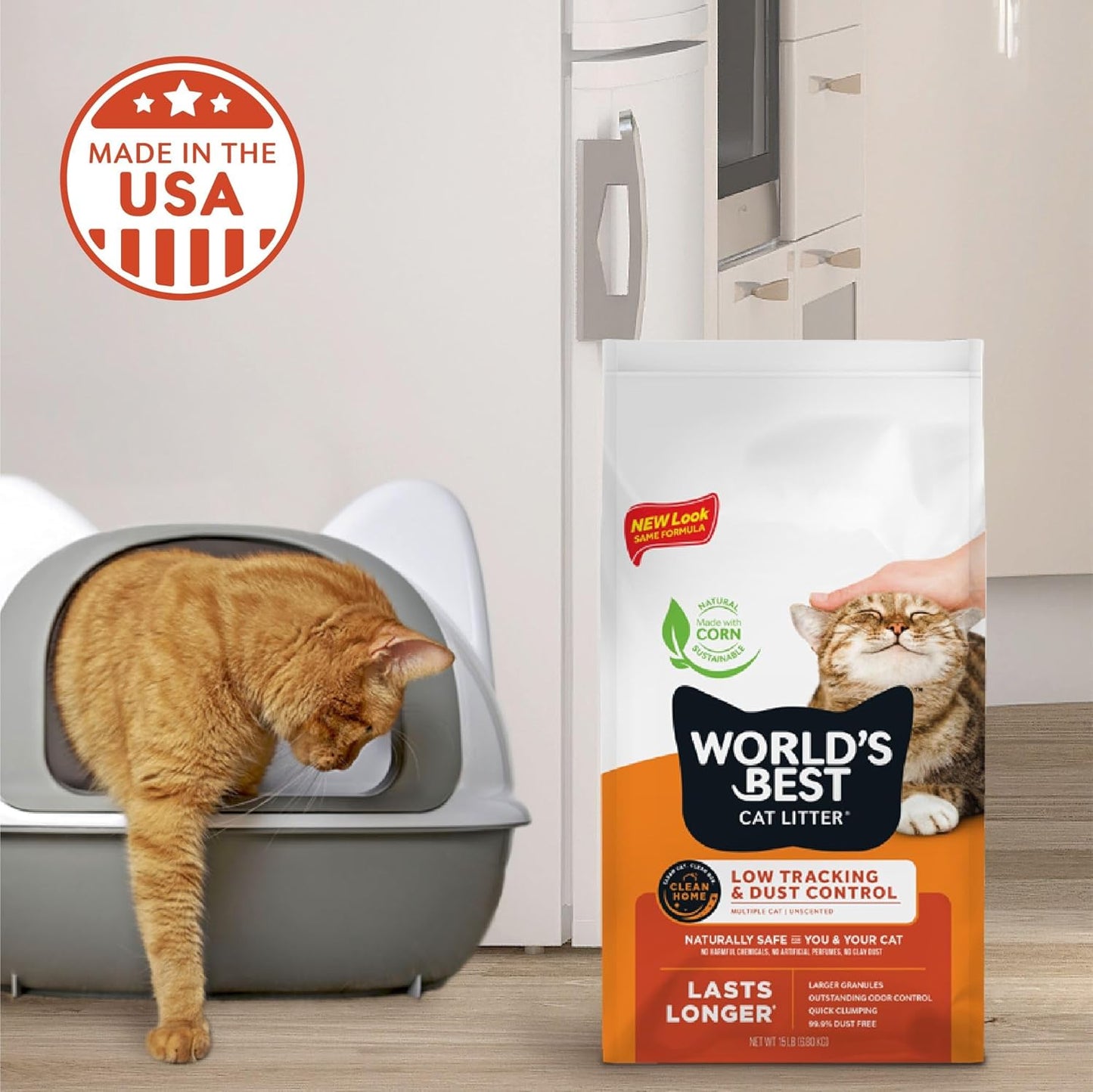 Low Tracking & Dust Control Multiple Cat Unscented 15-Pounds - Natural Ingredients, Quick Clumping, Flushable & Made in USA - Long-Lasting Odor Control & Easy Scooping