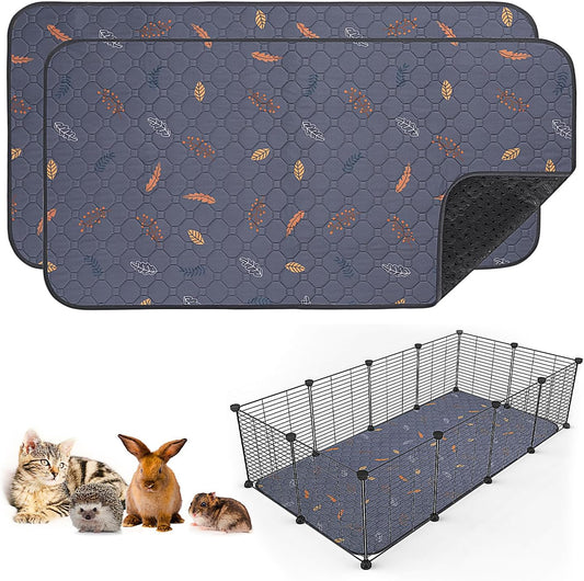 2 Pack Washable Guinea Pig Pee Pads, 24" X 48" Waterproof Reusable Guinea Pig Cage Liners, Absorbent Bedding Training Mat for Small Animal Guinea Pigs Rabbit Bunny Hamster (Leaves - Deep Grey)