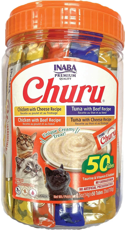 Churu Cat Treats, Grain-Free, Lickable, Squeezable Creamy Purée Cat Treat/Topper with Vitamin E & Taurine, 0.5 Ounce - 50 Count (Pack of 1), Beef & Cheese Variety