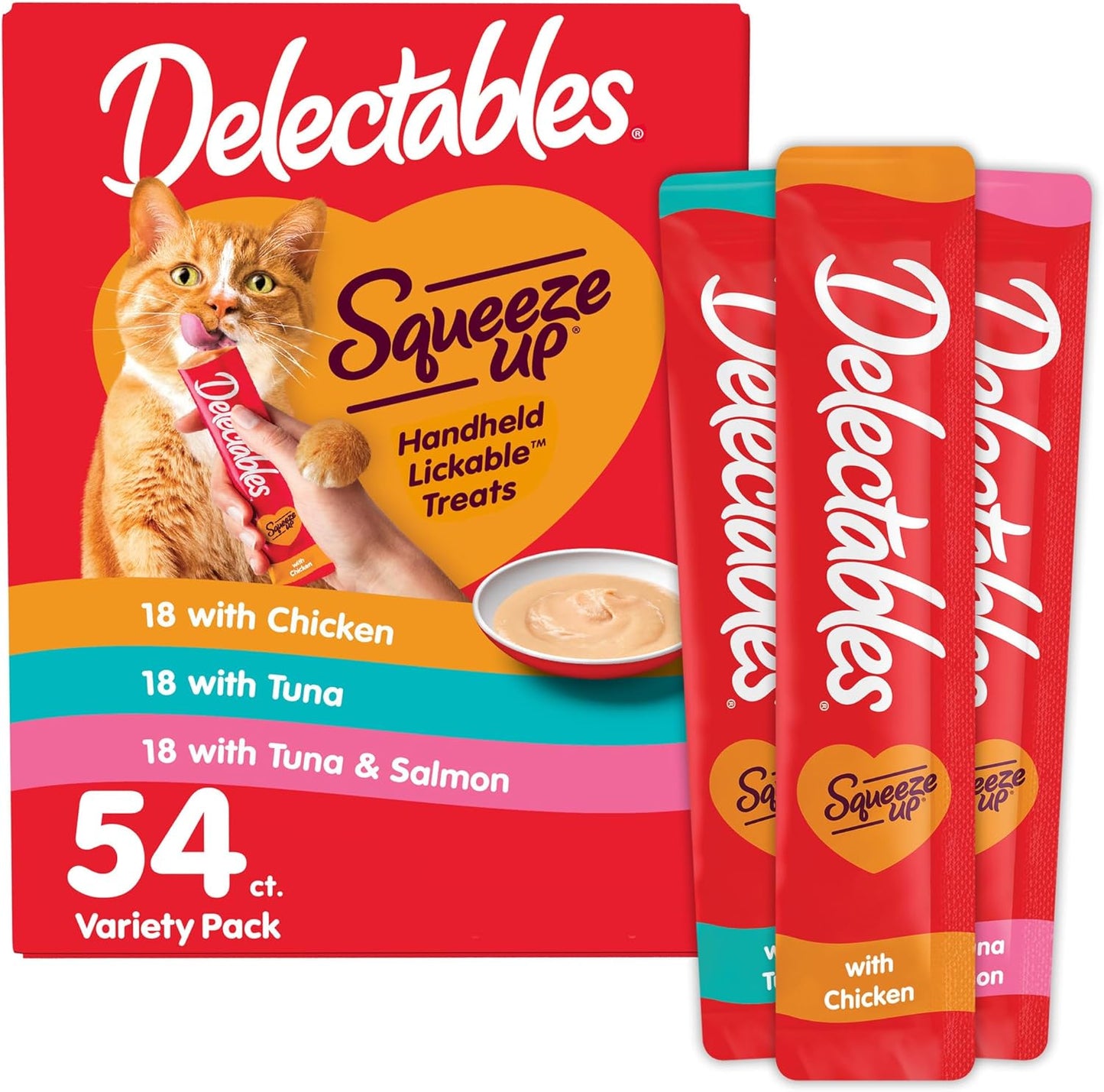 Delectables Squeeze up Handheld Lickable Treats, Chicken, (Tuna and Tuna and Salmon) 54 Count