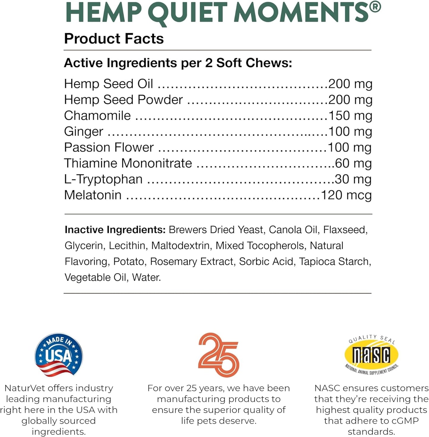 Quiet Moments Calming Aid Dog Supplement, Helps Promote Relaxation, Reduce Stress, Storm Anxiety, Motion Sickness for Dogs (Quiet Moments plus Hemp, 180 Soft Chews)