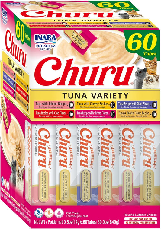 Churu Cat Treats, Grain-Free, Lickable, Squeezable Creamy Purée Cat Treat/Topper, 60 Servings, Tuna Variety Box