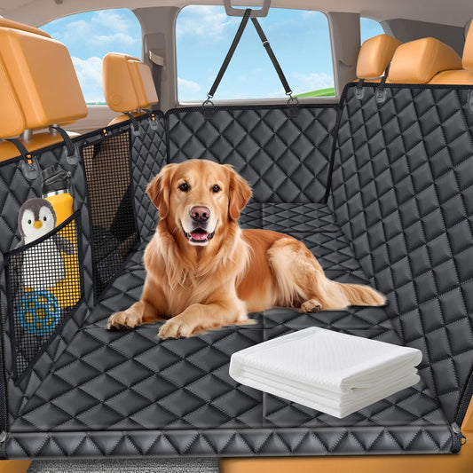 Back Seat Extender for Dogs - Hard Bottom Dog Car Seat Cover with 1PC Leak-Proof Pee Pad, Foldable Dog Hammock for Car, SUV, and Truck, Pet Rear Seat Protector Dogs Travel Bed with Mesh Window