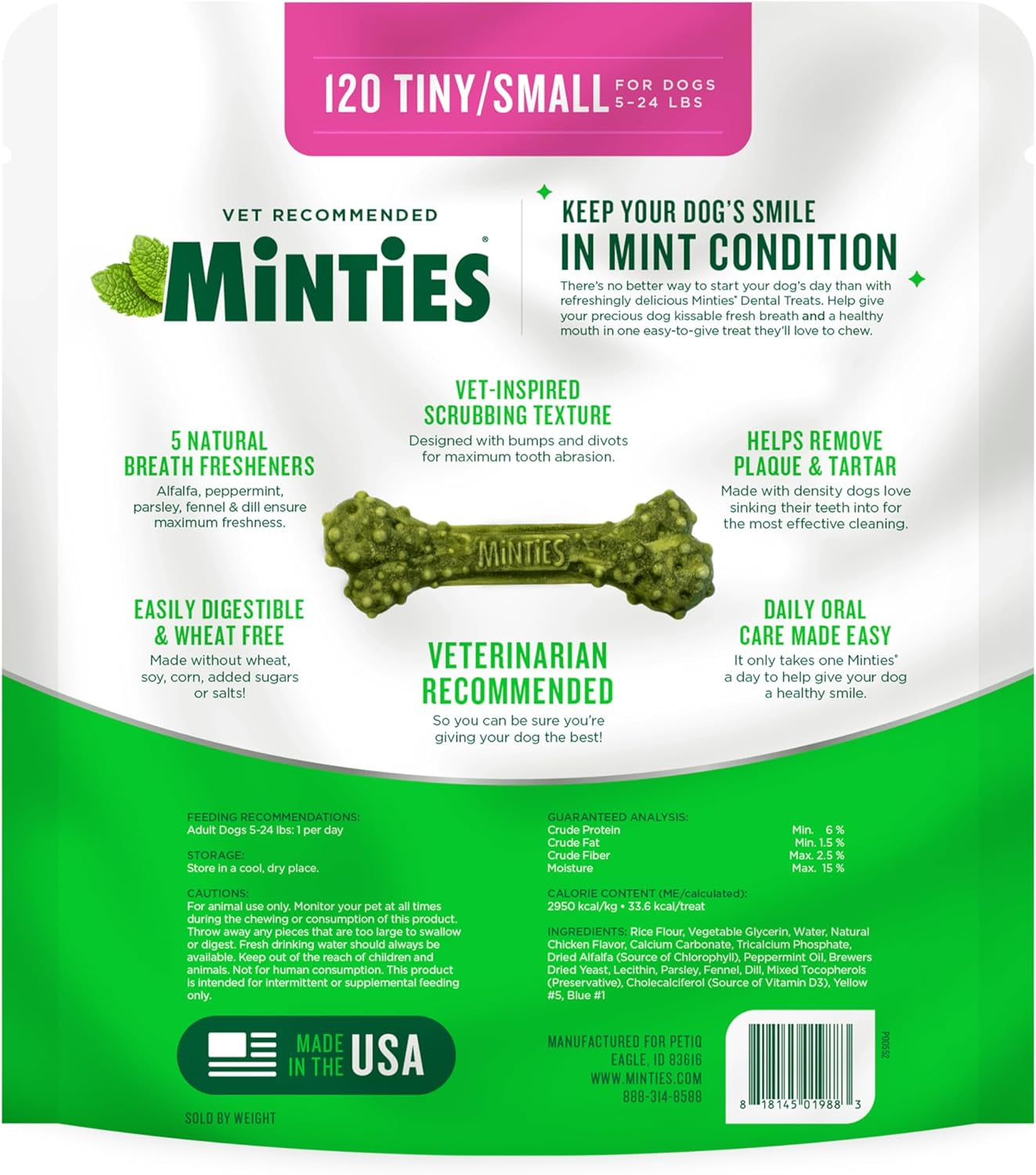 Dental Chews for Dogs, 120 Count, Vet-Recommended Mint-Flavored Treats for Tiny/Small Dogs 5-24 Lbs, Dental Bones Clean Teeth, Fight Bad Breath, and Removes Plaque and Tartar