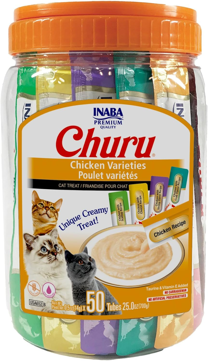 Churu Cat Treats, Grain-Free, Lickable, Squeezable Creamy Purée Cat Treat/Topper with Vitamin E & Taurine, 0.5 Ounces Each Tube, 50 Tubes, Chicken Variety