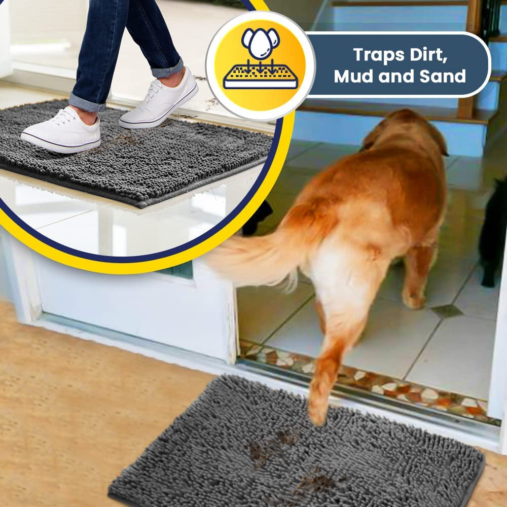 ® Shown on TV – Super Absorbent Microfiber Dog Door Mat for Muddy Paws, Non-Slip Washable Pet Rug, Quick Dry Chenille Entryway Carpet, Machine Washable Indoor Outdoor Mat, Grey 60"X24"