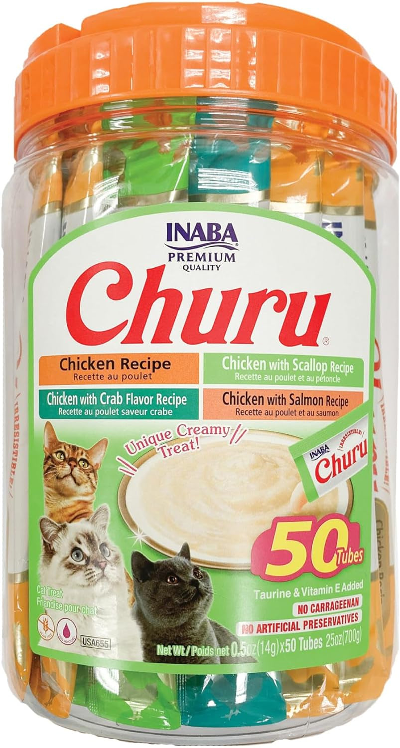 Churu Cat Treats, Grain-Free, Lickable, Squeezable Creamy Purée Cat Treat/Topper with Vitamin E & Taurine, Each 0.5 Ounce (Pack of 50), 50 Tubes, Chicken & Seafood Variety