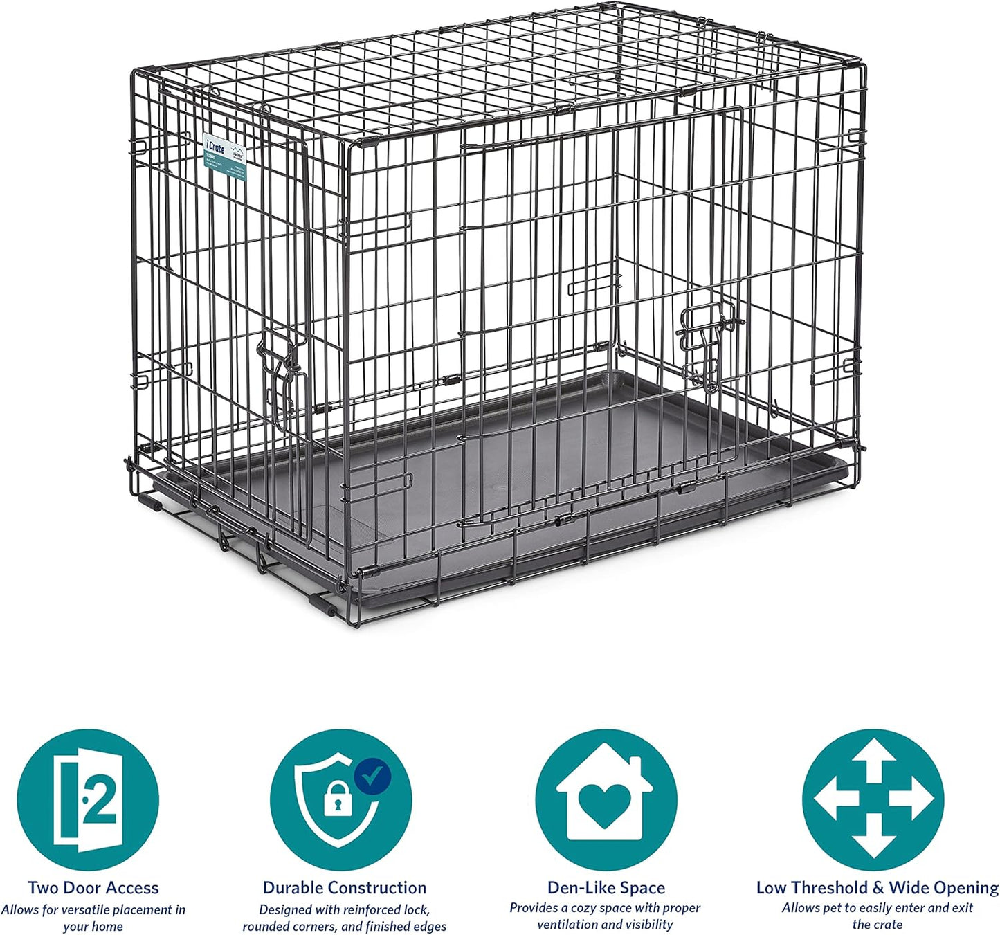 30-Inch Two-Door Icrate Folding Dog Crate with Divider Panel, Leak-Proof Tray & Secure Latches – Metal Wire Kennel for Medium Breeds – Portable, Durable & Easy to Assemble