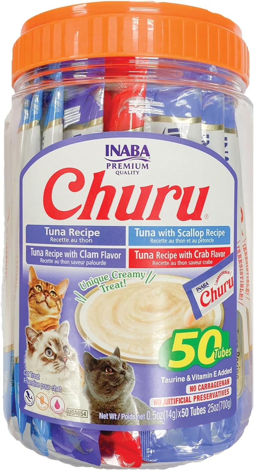 Churu Cat Treats, Grain-Free, Lickable, Squeezable Creamy Purée Cat Treat/Topper with Vitamin E & Taurine, 0.5 Ounces Each Tube, 50 Tubes, Tuna & Seafood Variety