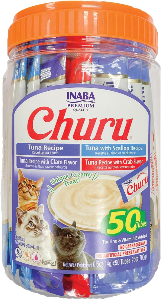 Churu Cat Treats, Grain-Free, Lickable, Squeezable Creamy Purée Cat Treat/Topper with Vitamin E & Taurine, 0.5 Ounces Each Tube, 50 Tubes, Tuna & Seafood Variety