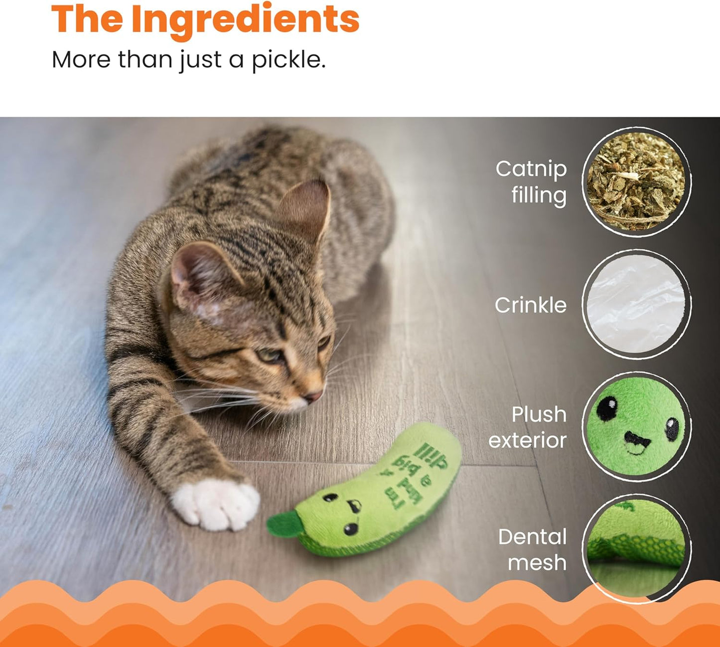 Crunchy Pickle Kicker Toy with Catnip and Dental Mesh, Pickle Shape, Plush and Crinkle Cat Toy for Kicking, Tossing, and Teeth Cleaning, Green