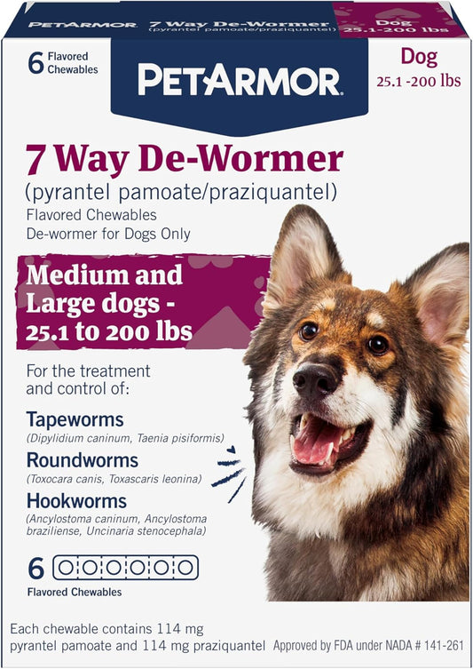 7 Way De-Wormer for Dogs, Oral Treatment for Tapeworm, Roundworm & Hookworm in Large Dogs & Puppies (Over 25 Lbs), Worm Remover (Praziquantel & Pyrantel Pamoate), 6 Flavored Chewables