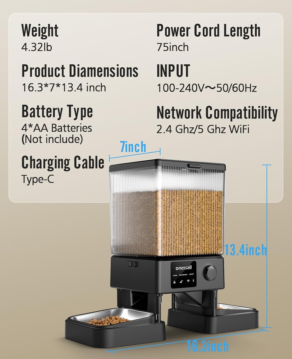 Automatic Cat Feeder with 5G Wifi, Automatic Cat Food Dispenser for 2 Cats Small Pets, 20 Cups/5L Timed Dry Food Dispenser with APP Control