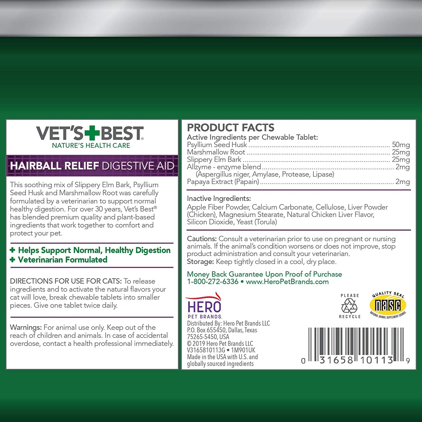 Vet’S Best Cat Hairball Relief Digestive Aid, Vet Formulated Hairball Support Remedy, Hairball Relief for Cats, Classic Chicken Flavor, 180 Chewable Tablets